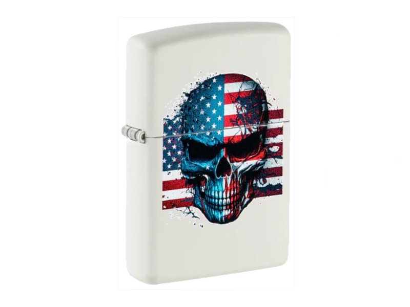 Zippo American Skull Design matt fehér benzines öngyújtó – amerikai zászlós koponya mintával